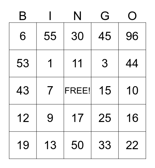 NUMBER BINGO Card