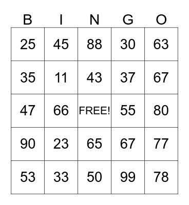 NUMBER BINGO Card