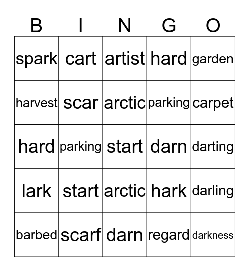 -ar as in far Bingo Card