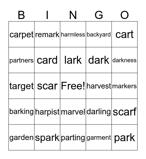 -ar as in far Bingo Card