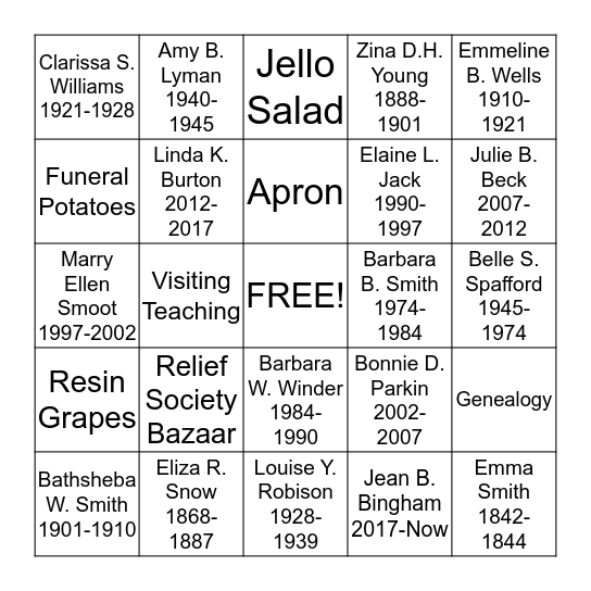 Relief Society General Presidents Bingo Card