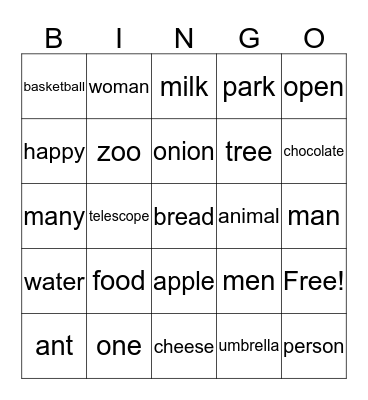 Vocabulary Review  Bingo Card