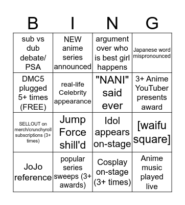 Crunchyroll Anime Awards 2019 Bingo Card