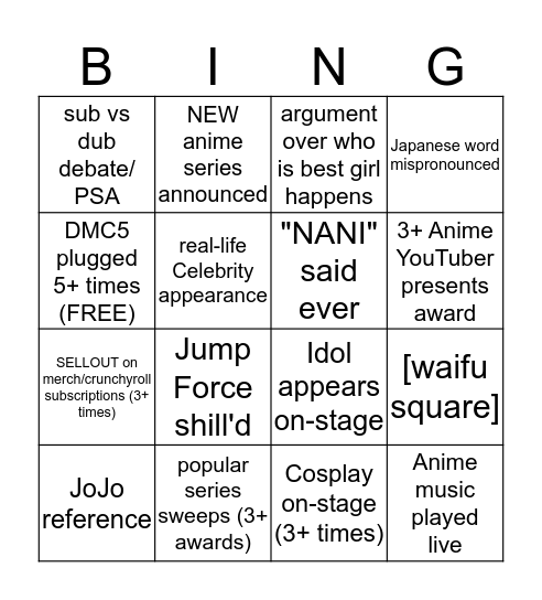 Crunchyroll Anime Awards 2019 Bingo Card