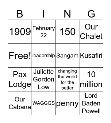 World Thinking Day 2019 Bingo Card