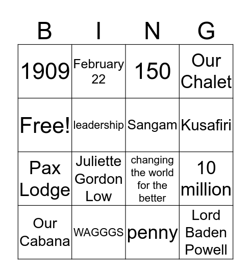 World Thinking Day 2019 Bingo Card