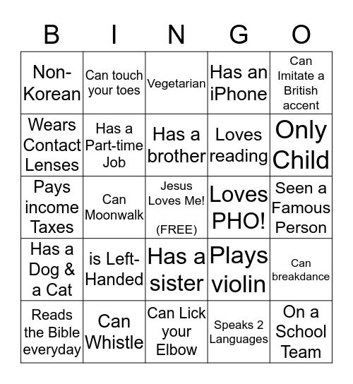 Get to Know Your Bro/Sis!  Bingo Card