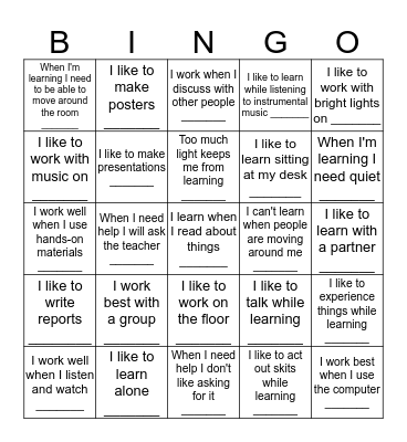 What is your learning style? Bingo Card