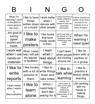 What is your learning style? Bingo Card