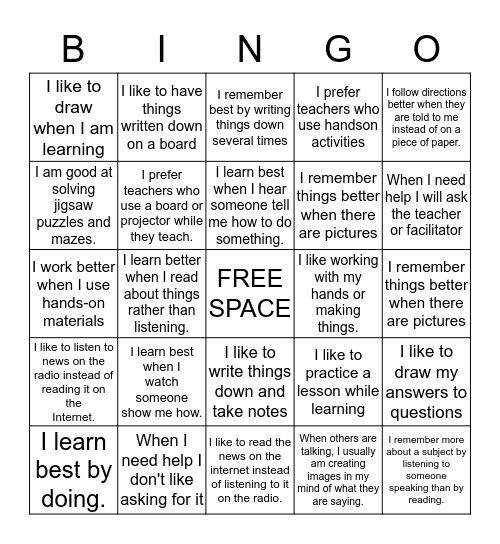 What is your learning style? Bingo Card