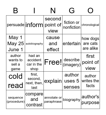 Expository and Author's Purpose Vocabulary Bingo Card