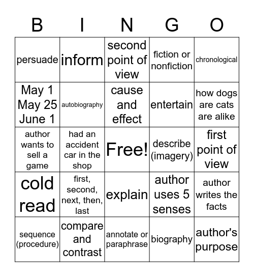 Expository and Author's Purpose Vocabulary Bingo Card