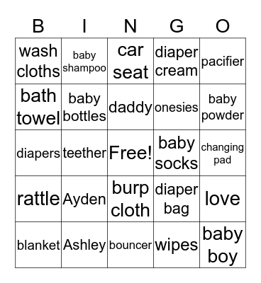 Ashley's Baby Shower  Bingo Card