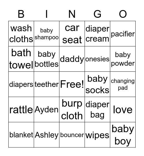 Ashley's Baby Shower  Bingo Card