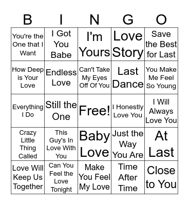 Love Songs for Elisha & Vicent Bingo Card