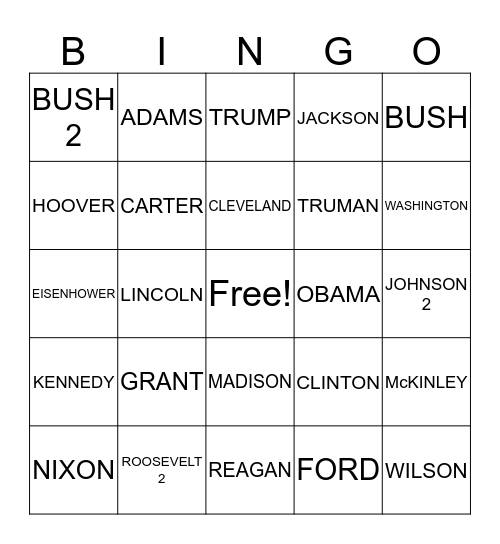 PRESIDENTS DAY Bingo Card