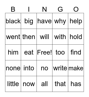 Sight Word Fun Bingo Card