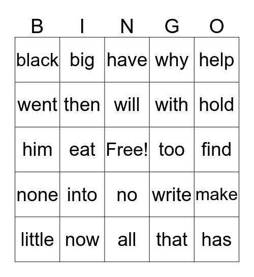 Sight Word Fun Bingo Card
