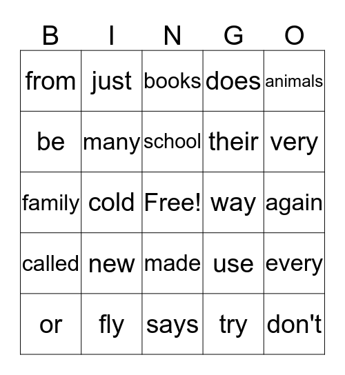 Sight Word Fun Bingo Card