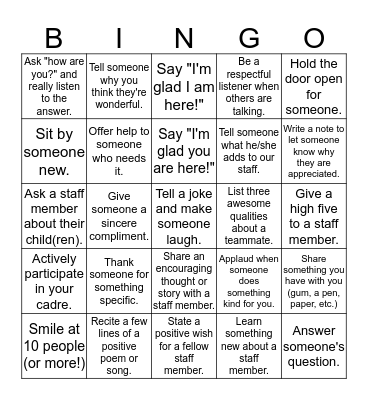 Nurtured Heart Bingo Card