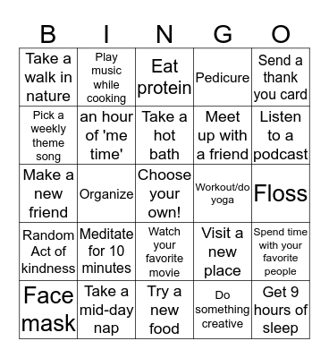 Self Care Bingo Card