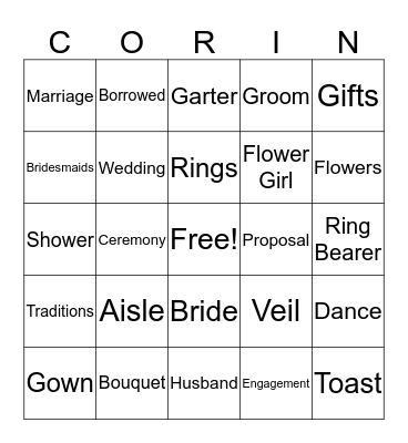 Corin's Bridal Bingo Card