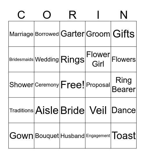 Corin's Bridal Bingo Card