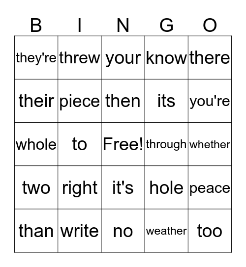 Homophones Bingo Card
