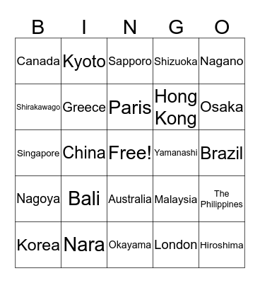 Have you ever been to....? Bingo Card