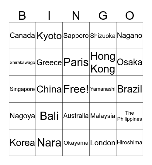 Have you ever been to....? Bingo Card