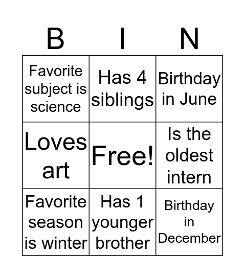 Intern bingo Card