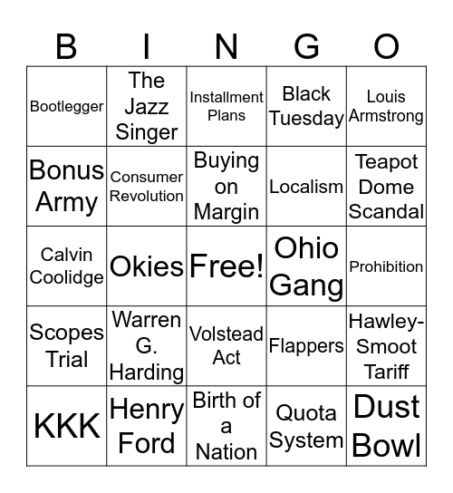 Unit 6 Quiz Bingo Card