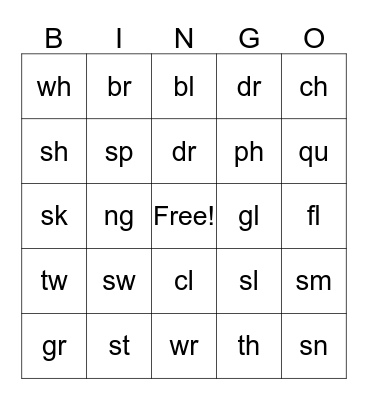 Blends and Diagraphs Bingo Card