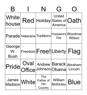 President's Day Bingo Card
