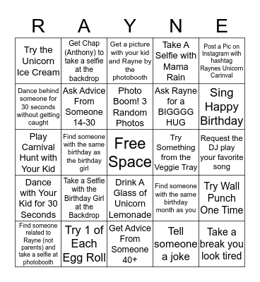 Unicorn Bingo Card