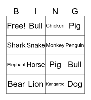 Animals Bingo Card