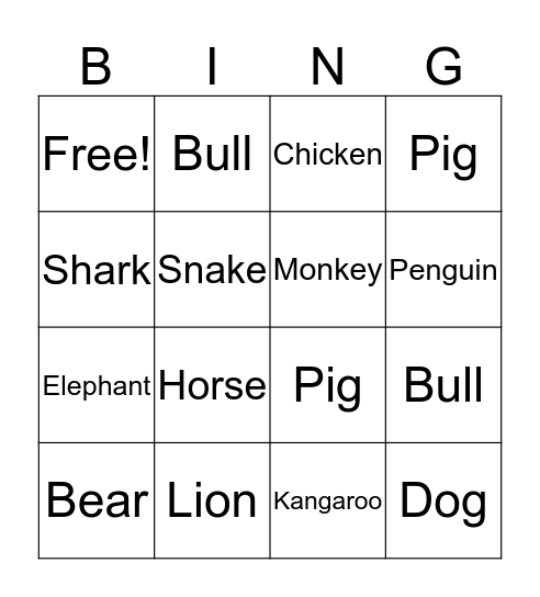 Animals Bingo Card