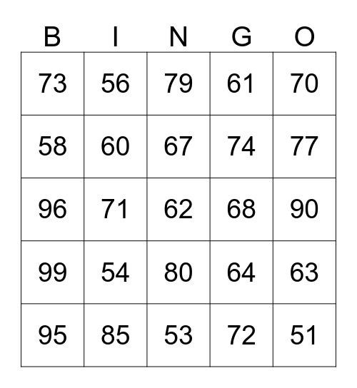 bingo 50 t/m 100 Bingo Card