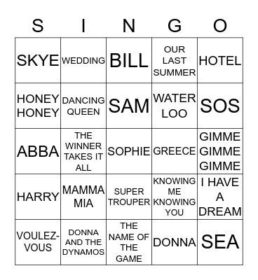 MAMMA MIA Bingo Card