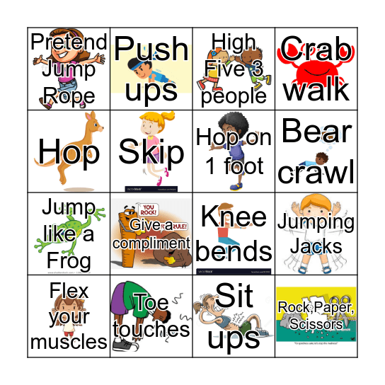 Kindergarten Exercise Bingo Card