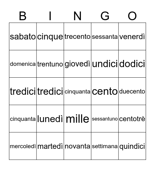 I giorni della settimana + numeri Bingo Card