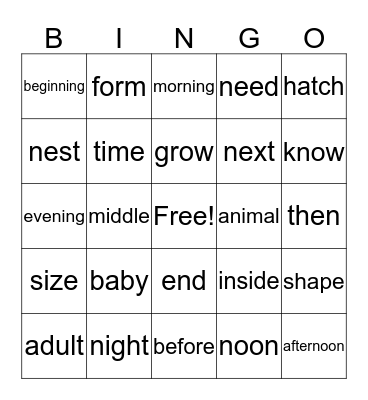 Vocabulary BINGO Card