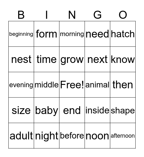 Vocabulary BINGO Card