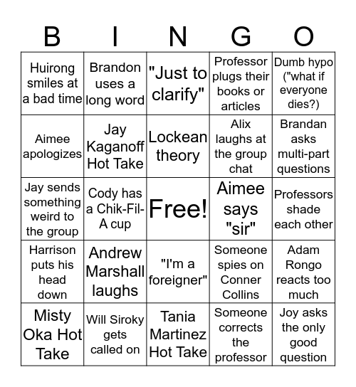 Section 1 Bingo Card