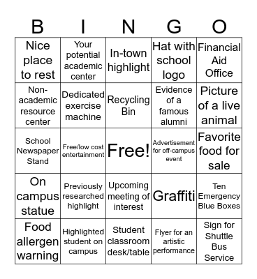 College Visit Bingo Card