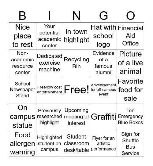 College Visit Bingo Card