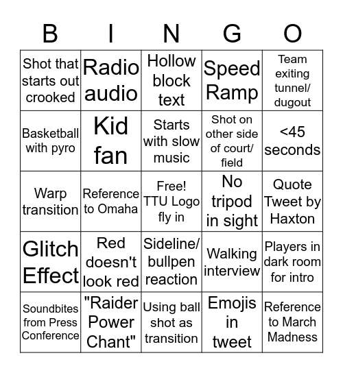 Texas Tech Video Bingo Card
