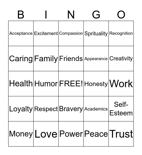 Values Bingo Card