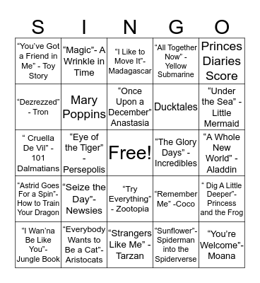 Disney and Animated Movies Bingo Card