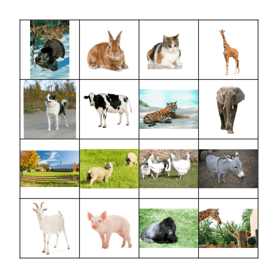 animaux de la ferme et le zoo Bingo Card